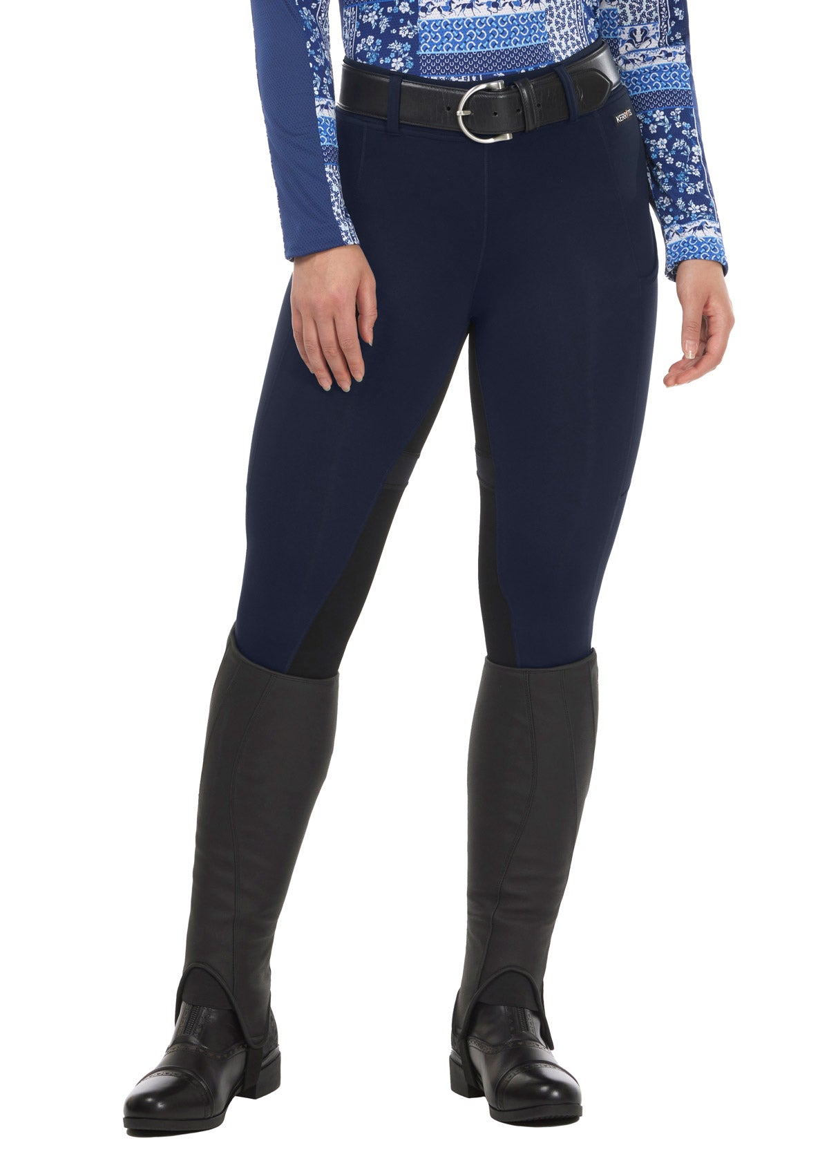 Front view of the Kerrits Flex 3.0 Full Seat Tight in Galaxy Blue, highlighting the sleek design and flow rise waistband.
