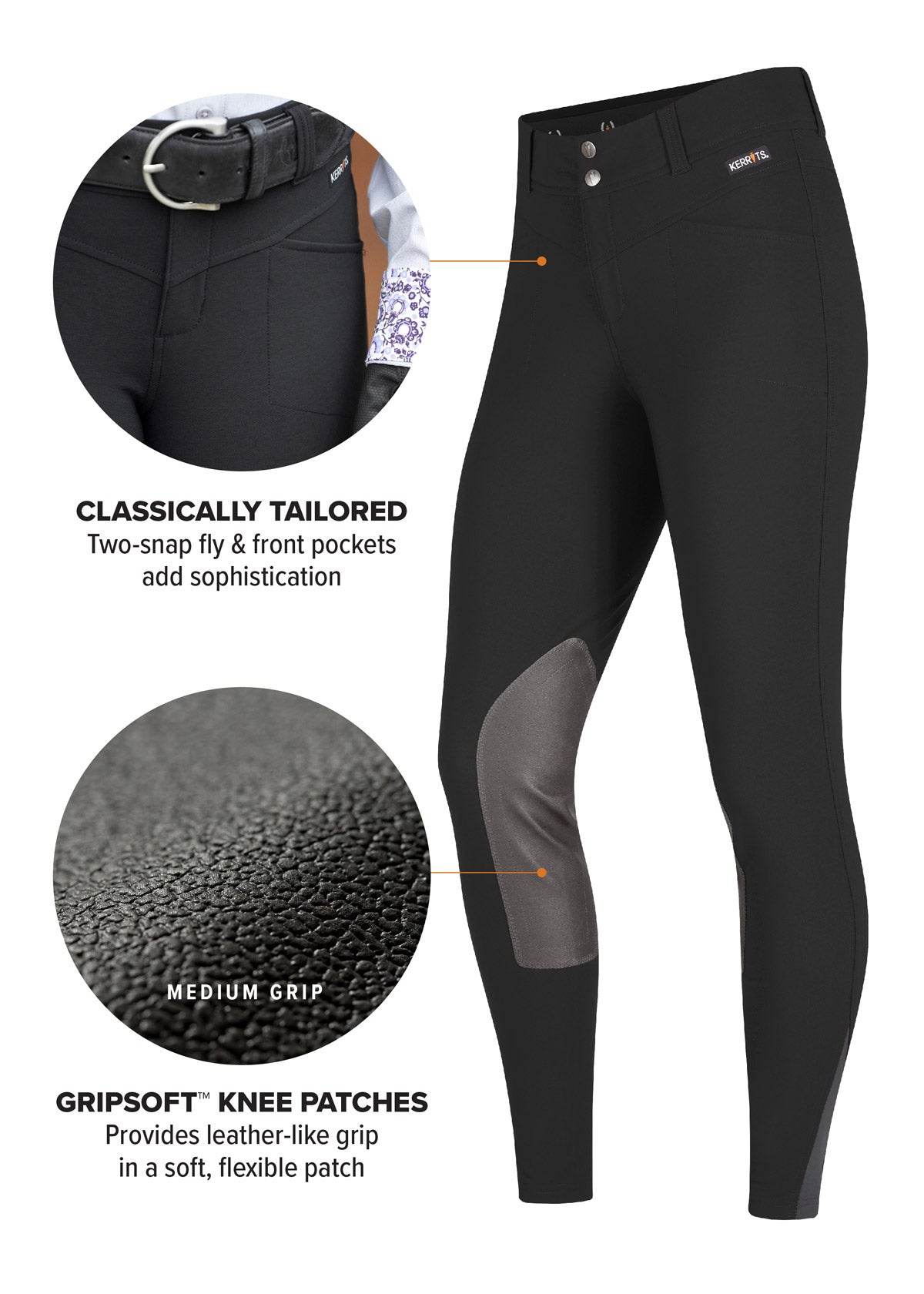 Side vide flat lay of the Crossover II® Knee Patch Riding Breech inBlack, showcasing the two-streamlined front pockets and two-snap fly.