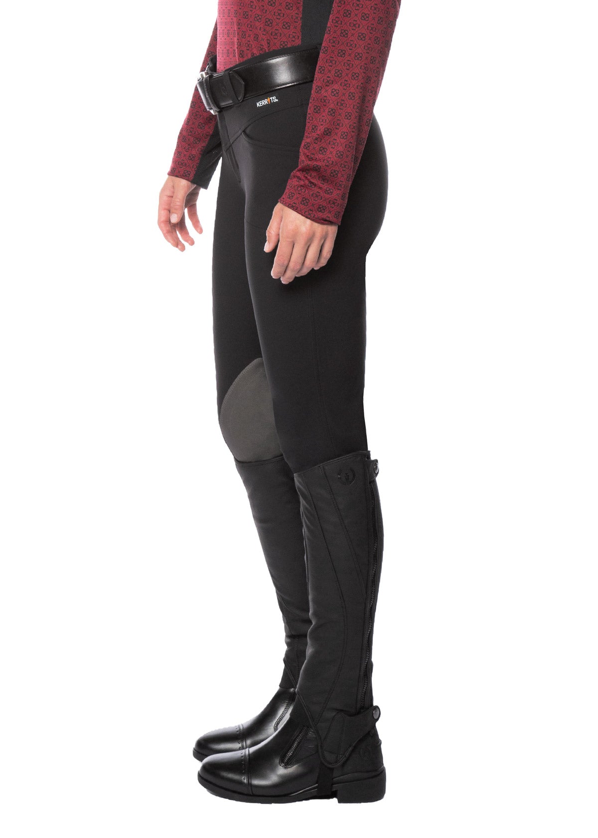 Side profile highlighting the knee patch design and ergonomic seam placement for enhanced comfort