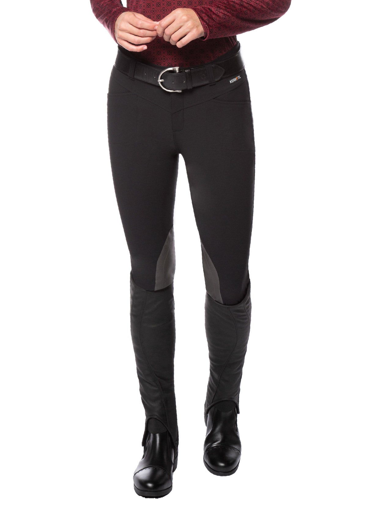 Front view of the Kerrits Petite Crossover II Knee Patch Breech, showcasing the tailored fit and two-snap front closure