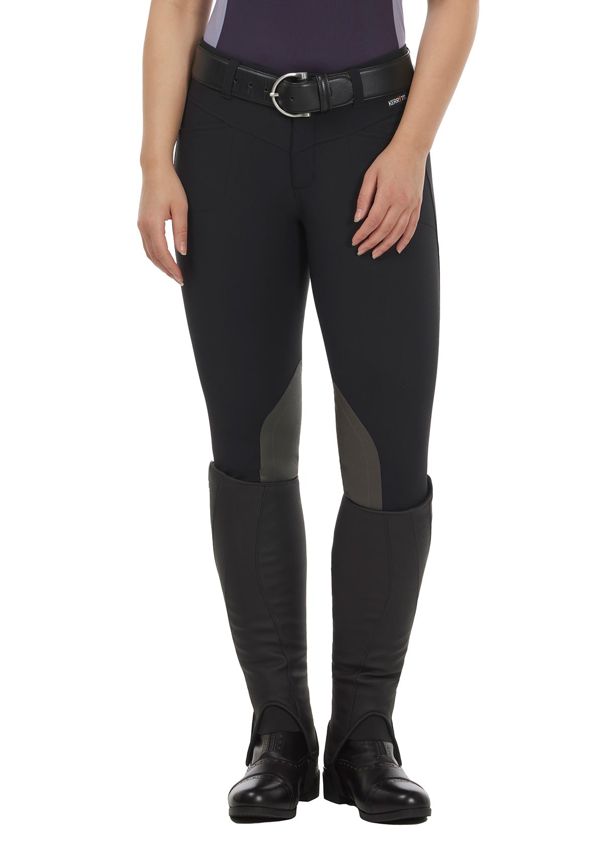 Front view of the Crossover II® Knee Patch Riding Breech in Black, highlighting the tailored fit, two-snap front closure, and flattering front pockets.