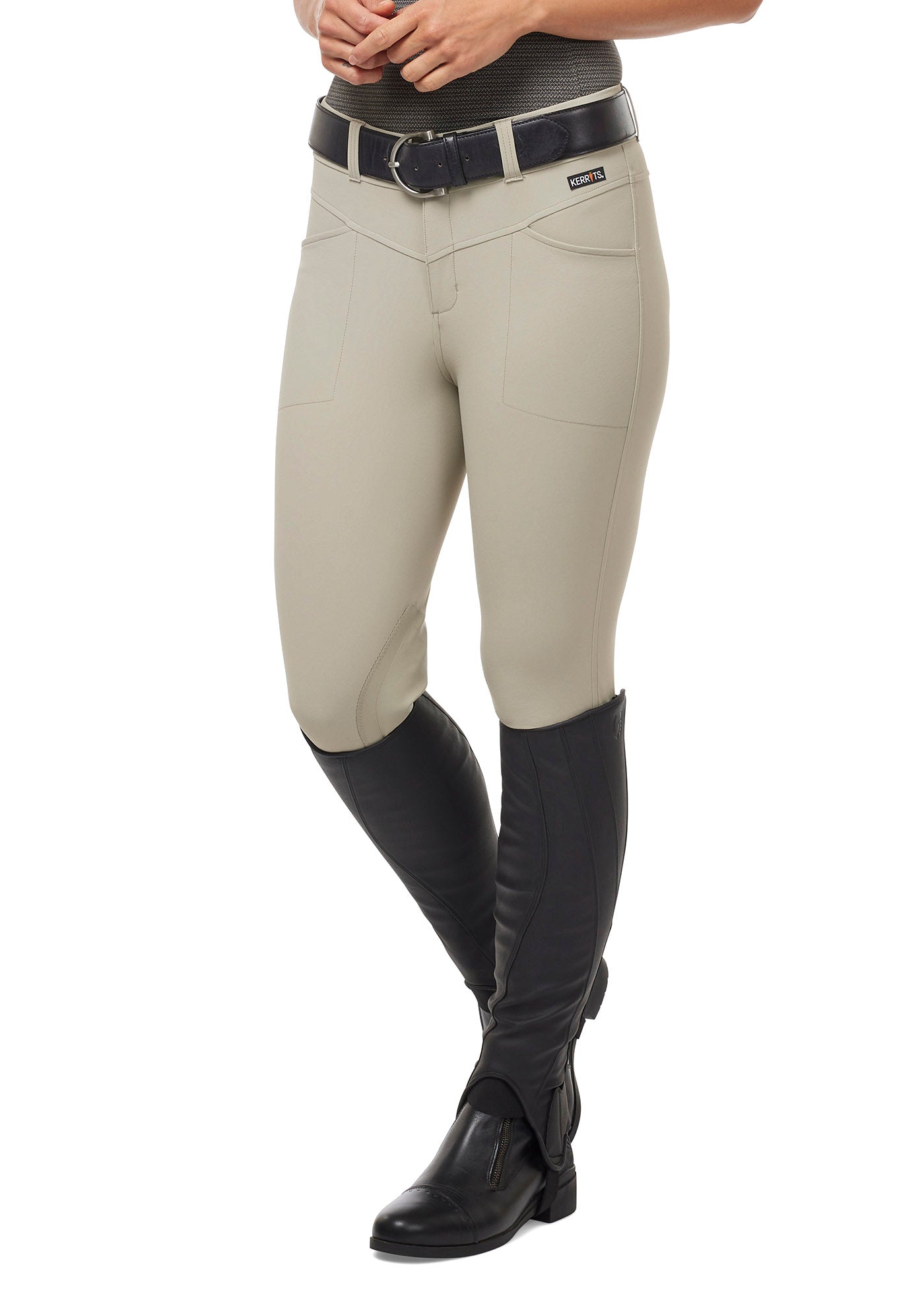 Front view of the Crossover II® Knee Patch Riding Breech in Sand, highlighting the tailored fit, two-snap front closure, and flattering front pockets.