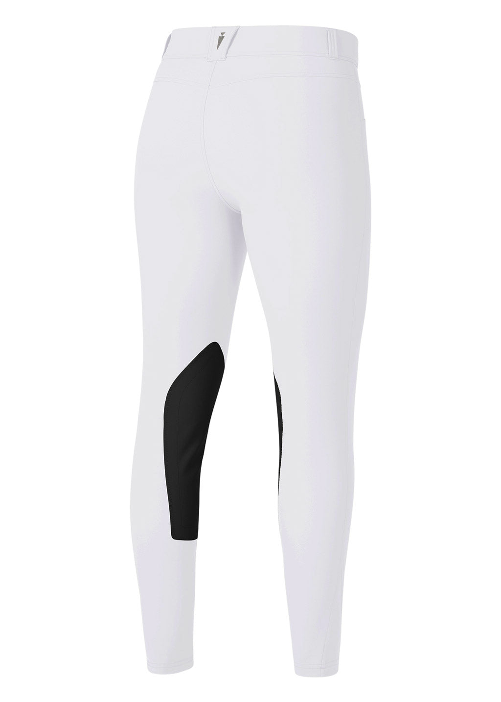 Back view of the Crossover II® Knee Patch Riding Breech in White, showcasing the comfort waistband with belt loops and the streamlined design.