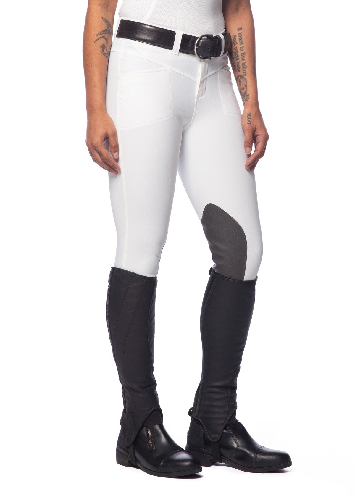 Front view of the Crossover II® Knee Patch Riding Breech in White, highlighting the tailored fit, two-snap front closure, and flattering front pockets.