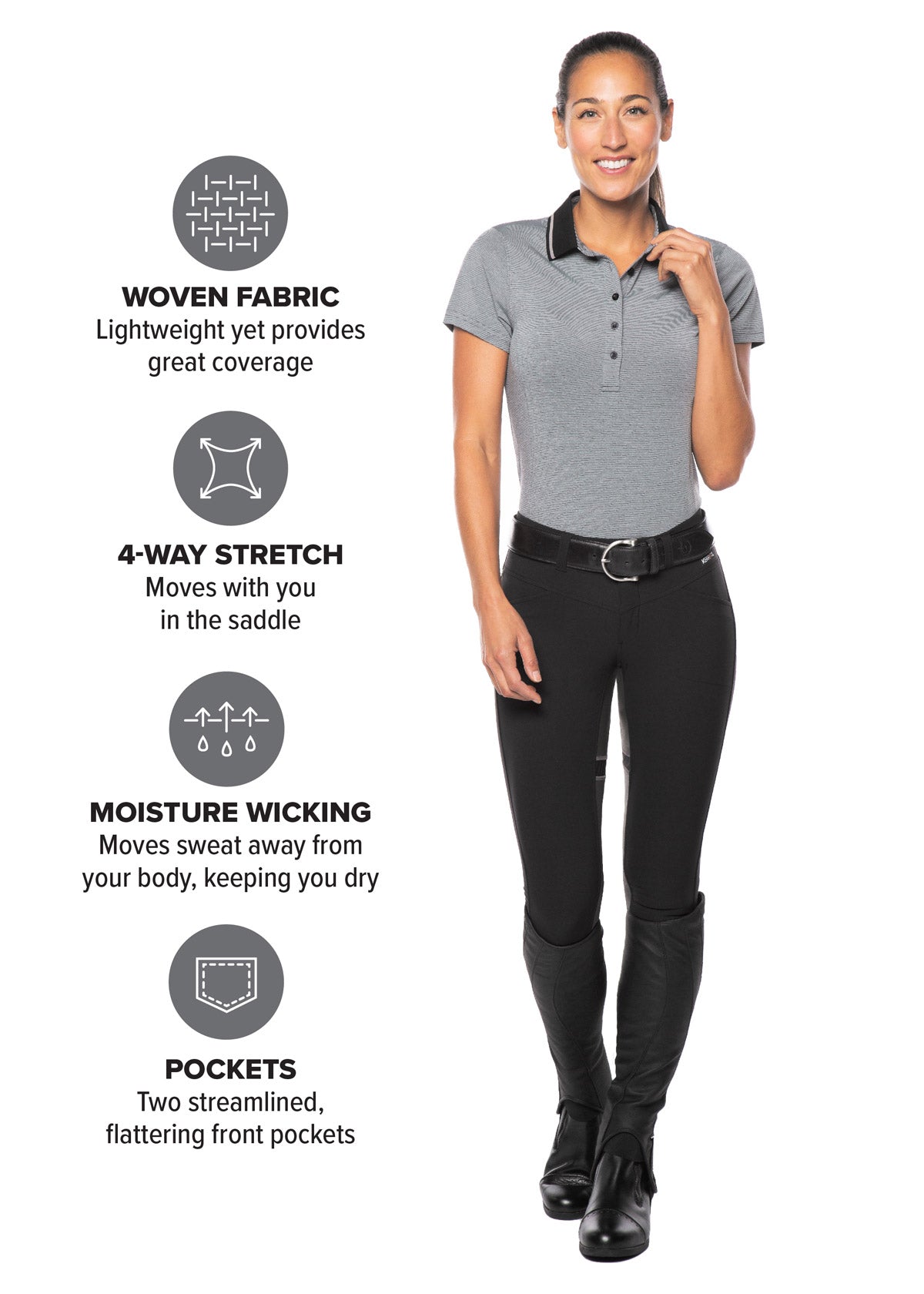 Model wearing the Crossover II® Full Seat Riding Breech in black with a grey polo, displaying the flattering fit and comfortable design.