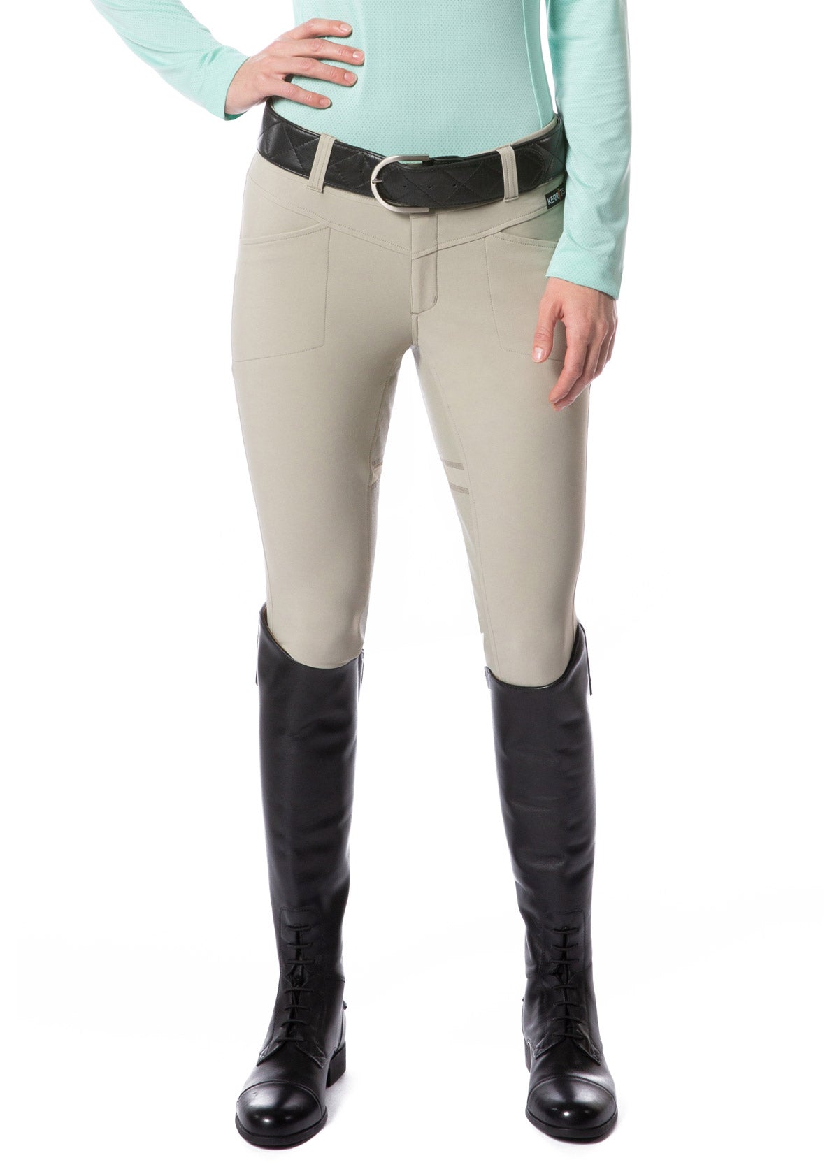Front view of the Crossover II® Full Seat Riding Breech in Sand, showcasing the lightweight stretch-woven fabric and two flattering front pockets."