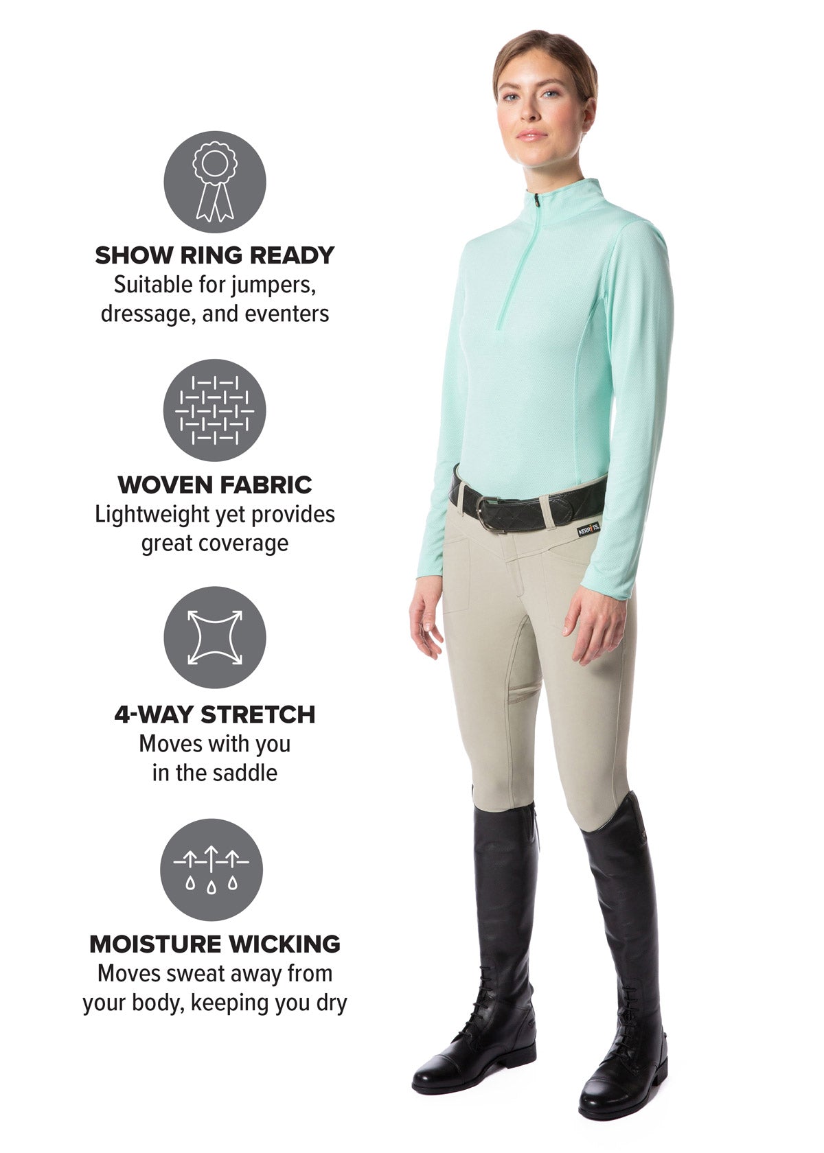 Model wearing the Crossover II® Full Seat Riding Breech in sand, displaying the flattering fit and comfortable design with a full seat for grip.