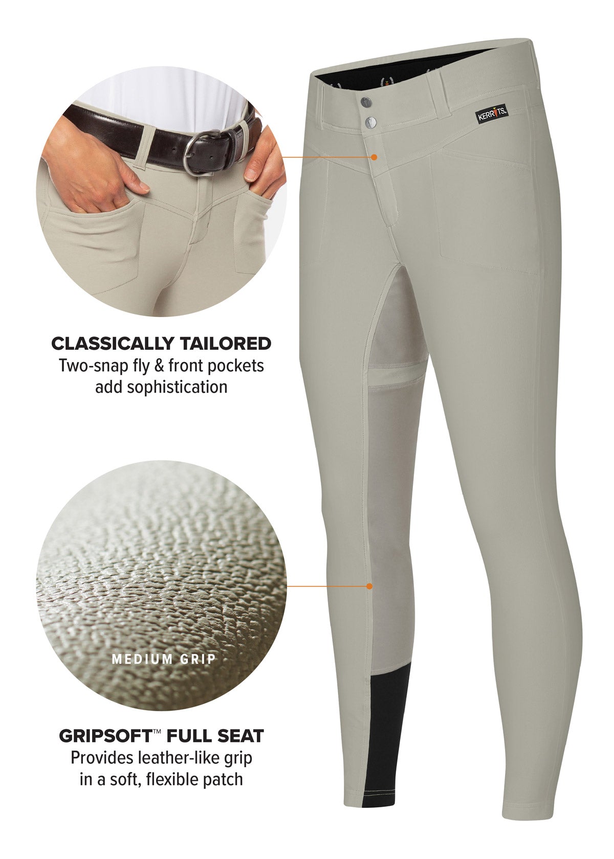 Side view of the Crossover II® Full Seat Riding Breech, highlighting the fitted silhouette and 2-snap fly and front pockets.
