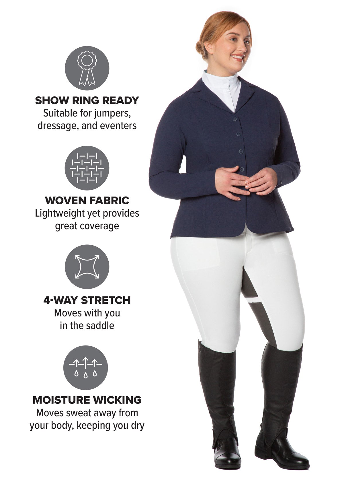 Equestrian wearing the Crossover II® Full Seat Riding Breech in white with a navy competitor coat for a full competition look.