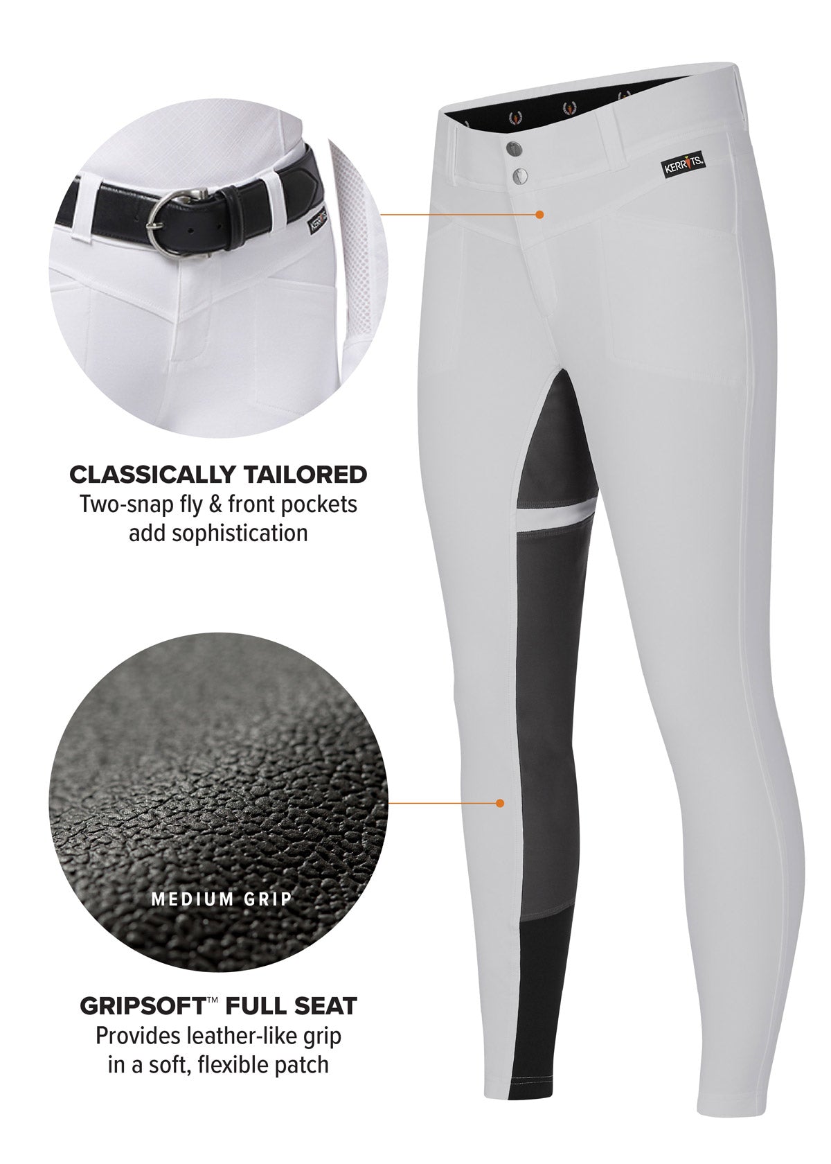 Side view of the Crossover II® Full Seat Riding Breech in white, emphasizing the classically tailored waistband and gripsoft grip.