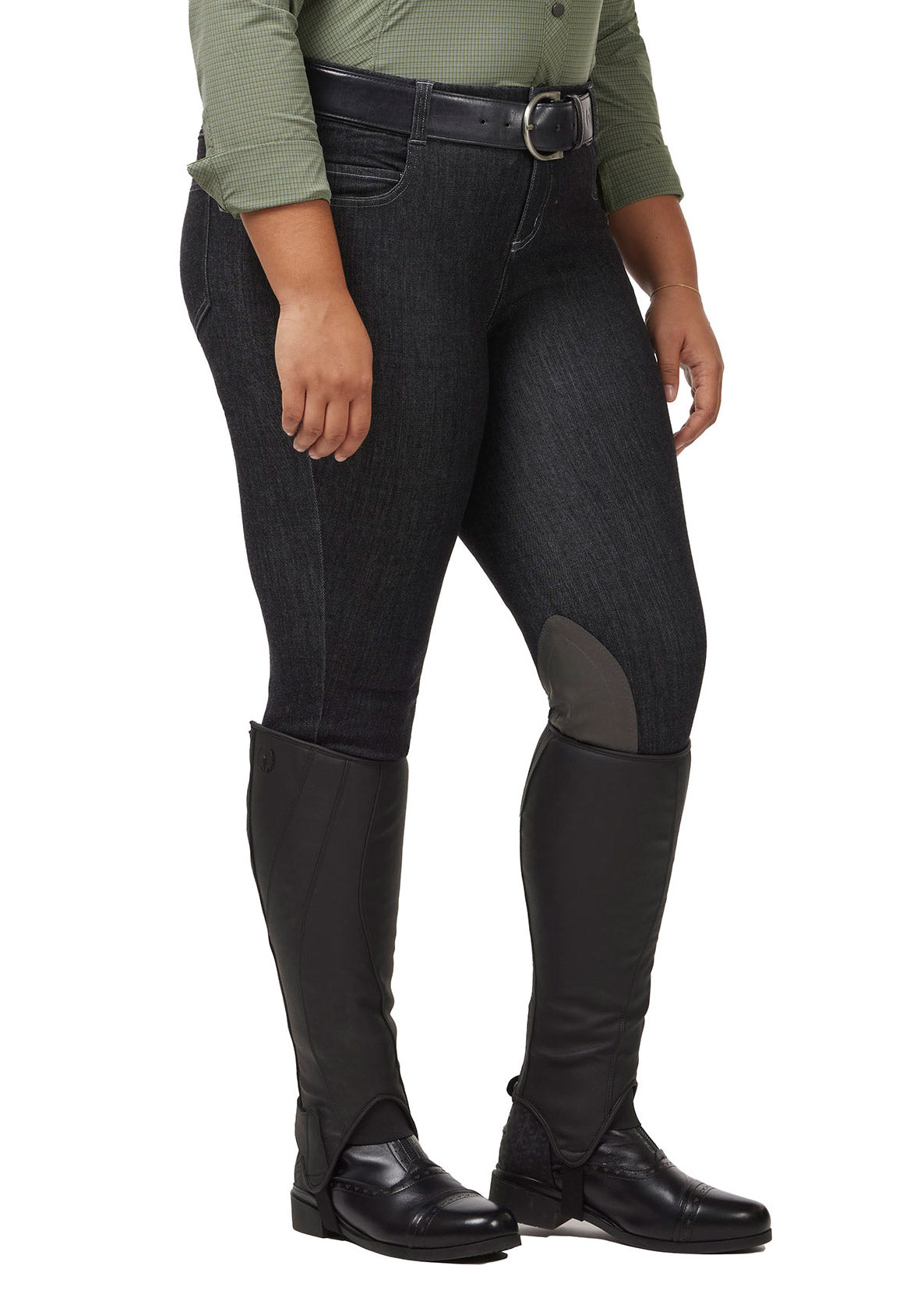 Front view on model of the Stretch Denim Knee Patch Breech in denim charcoal, featuring a mid-rise waist with belt loops and a front zip fly
