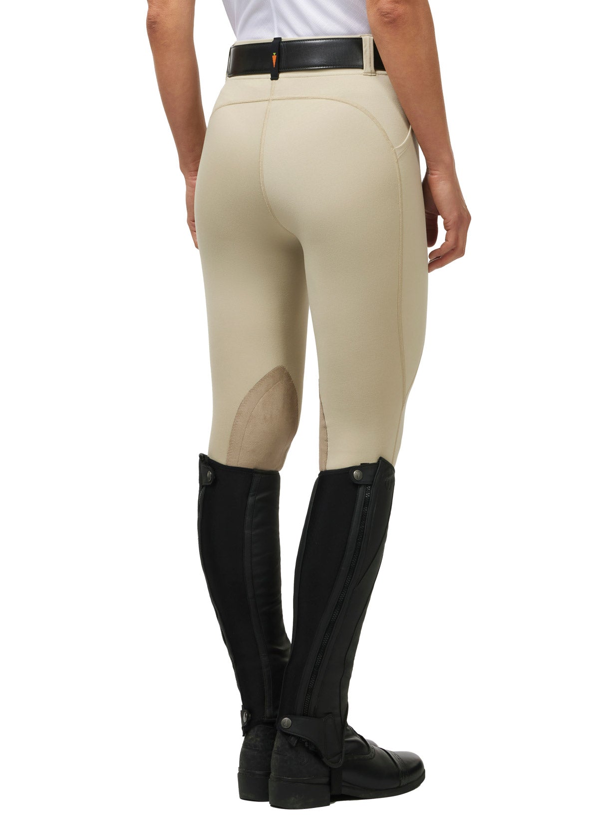 Back view of a model wearing the Performance Knee Patch Pocket Riding Tight, emphasizing the knee patch placement.