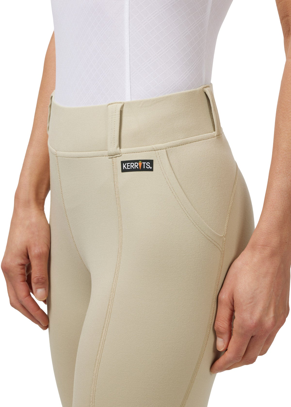 Closeup of the belt loops on the waistband.