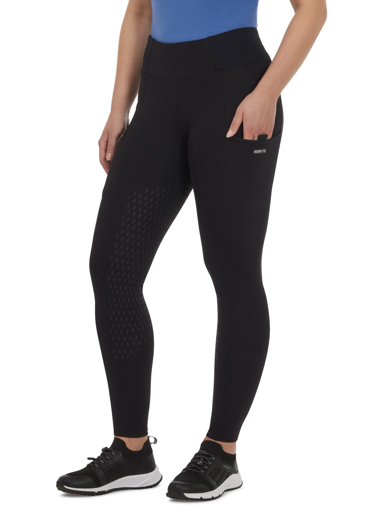 Front view of the Solutions Full Leg Pocket Utility Riding Tight in Black, highlighting the sleek design and four-inch waistband and side pocket.