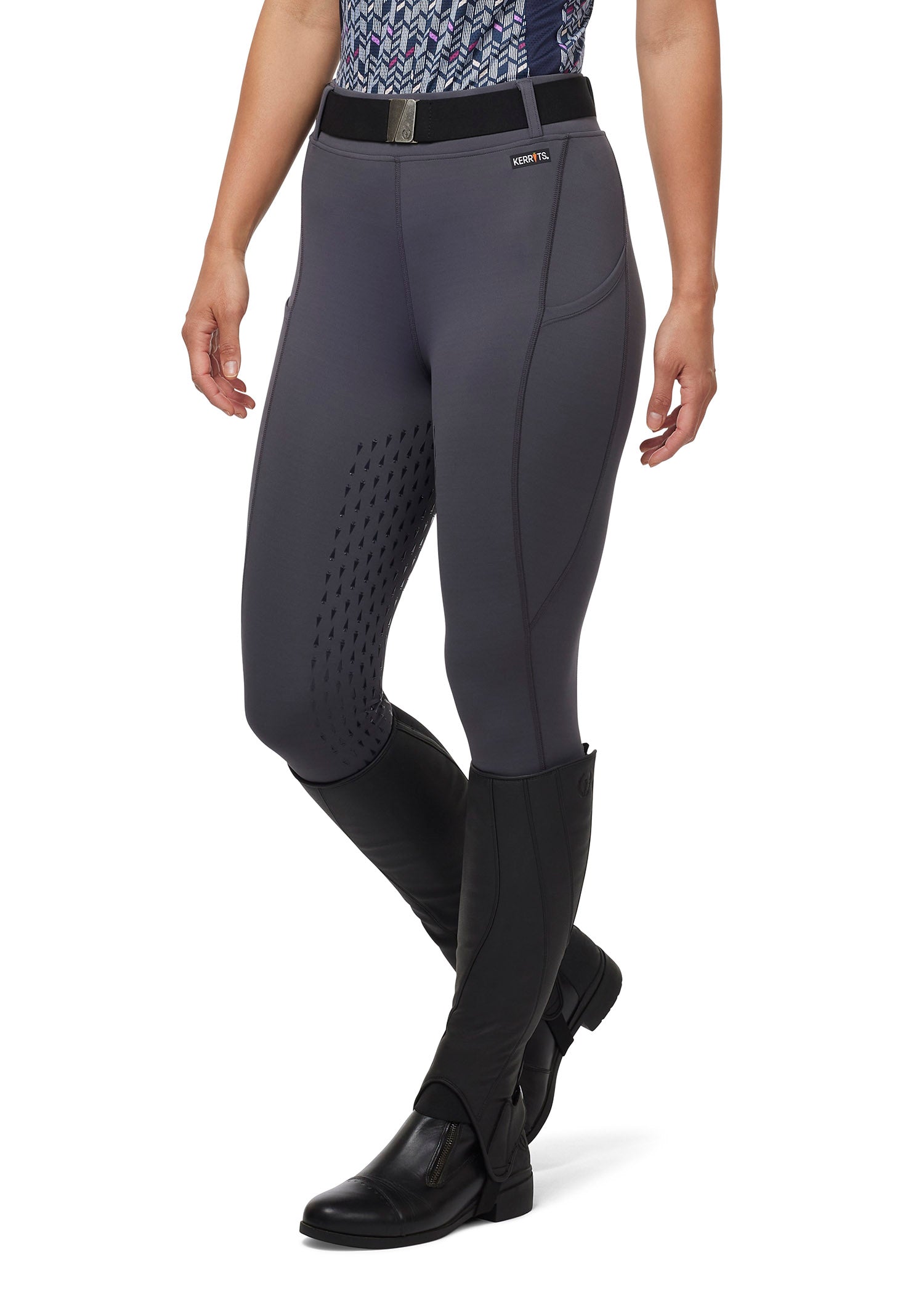 Front view of the Coolcore® Full Leg Tech Tight in Cinder, featuring a mid-rise 2.25-inch comfort waistband with belt loops.
