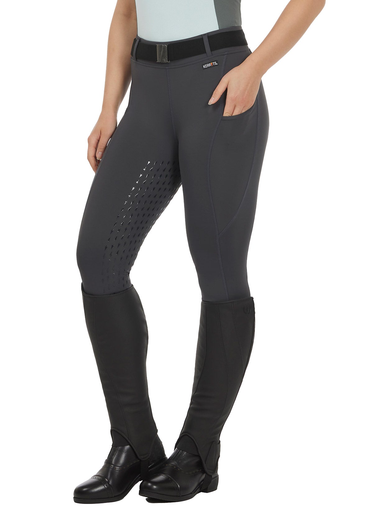 Front view of the Coolcore® Full Leg Tech Tight in Pine, featuring a mid-rise waistband with belt loops and side pockets.