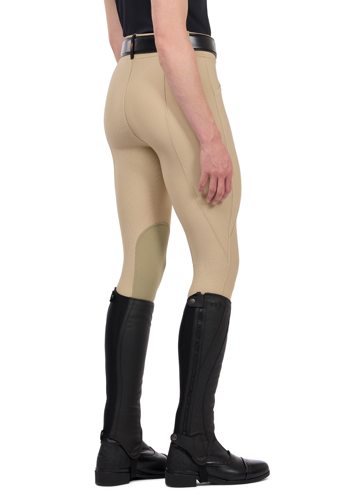 Back view of the Microcord™ Knee Patch Pocket Tight in Tan, showcasing the seamless construction and flattering silhouette.