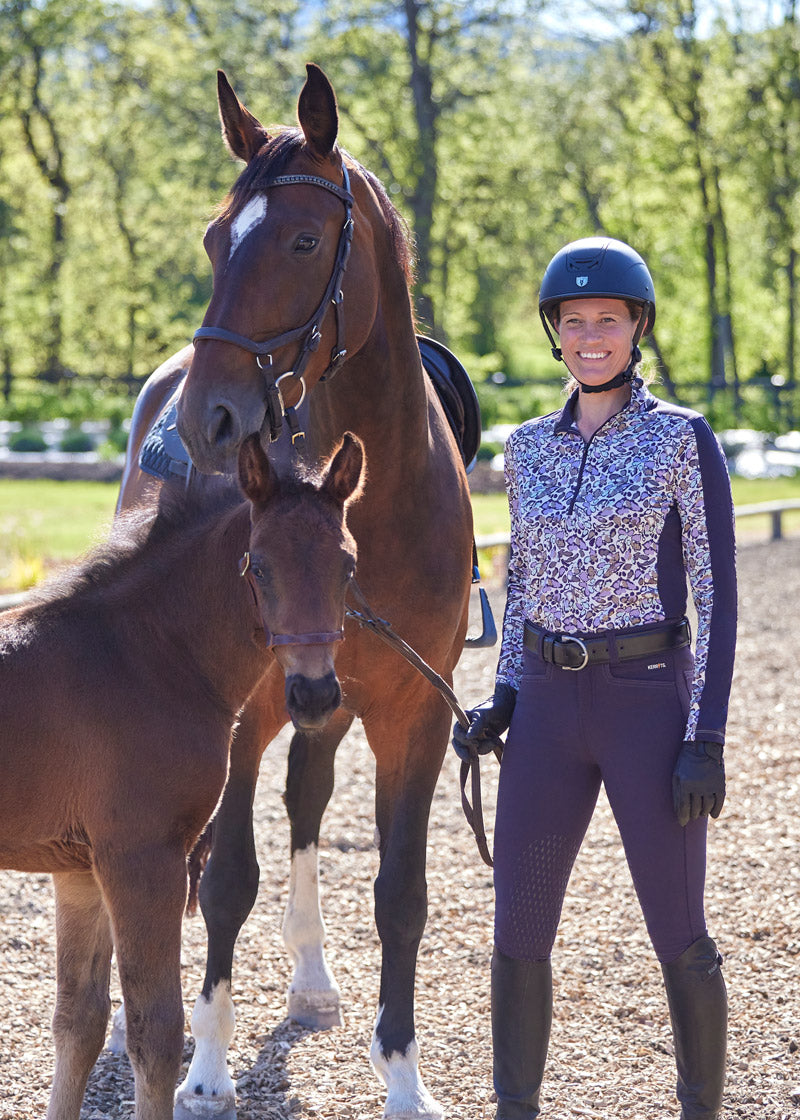 Equestrian relaxing after a ride in the Kerrits K-Flex™ Knee Patch Breech, highlighting its breathable, all-day comfort.