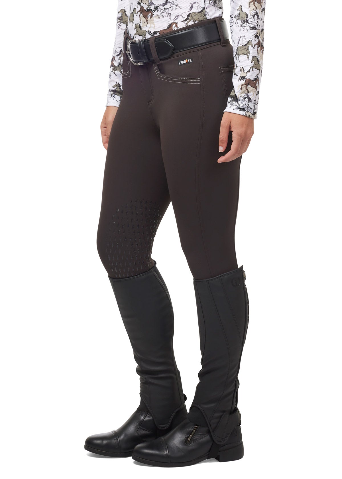Front view of the Kerrits K-Flex™ Knee Patch Breech in Seal, showcasing the sleek, tailored fit and mid-rise waistband.
