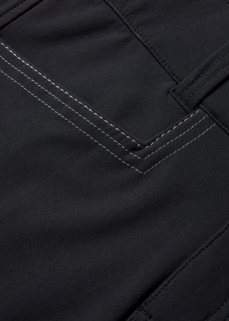 Close-up of the two front pockets and two ergonomically shaped back pockets, providing functional storage options.