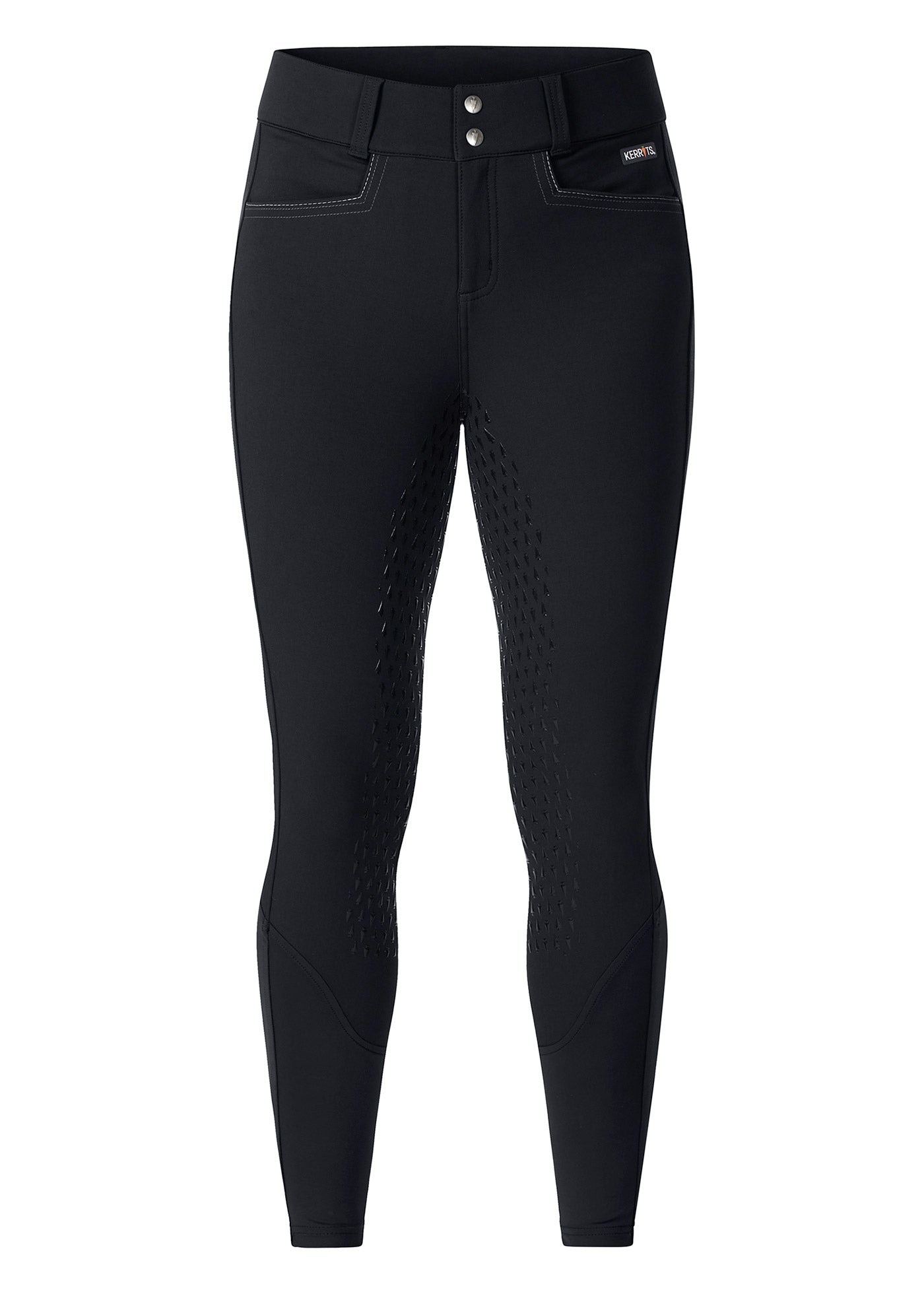 Flat lay of the Kerrits K-Flex™ Full Seat Breech in Black, highlighting the front profile with pockets and wide waistband.