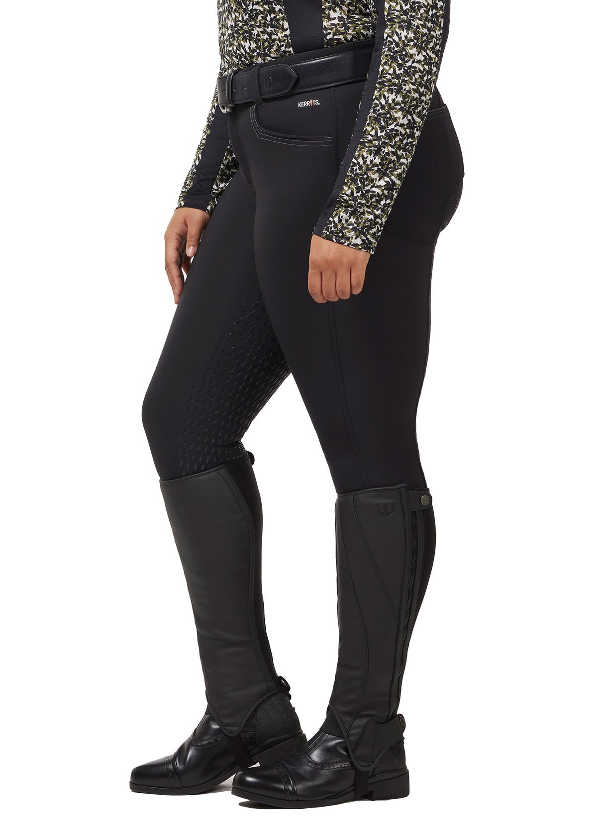 Side view of the Kerrits K-Flex™ Full Seat Breech, displaying the smooth lines and the four-way stretch woven fabric that offers flexibility and coverage.