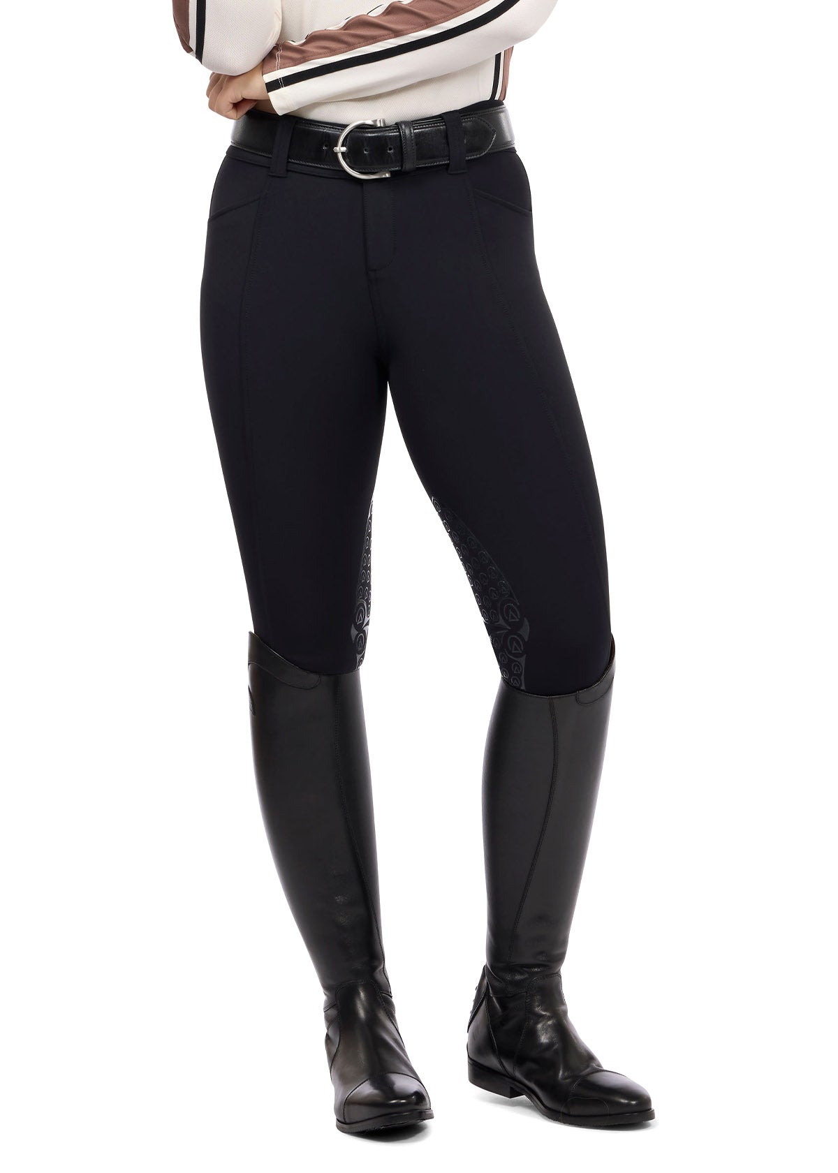 Front view of the Affinity® Pro Knee Patch Breech in Black, featuring a tailored front fly with two-snap closure and two front pockets.
