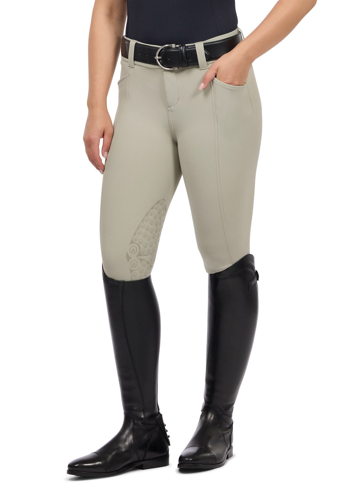 Front view of the Affinity® Pro Knee Patch Breech in Sand, featuring a tailored front fly with two-snap closure and two front pockets.