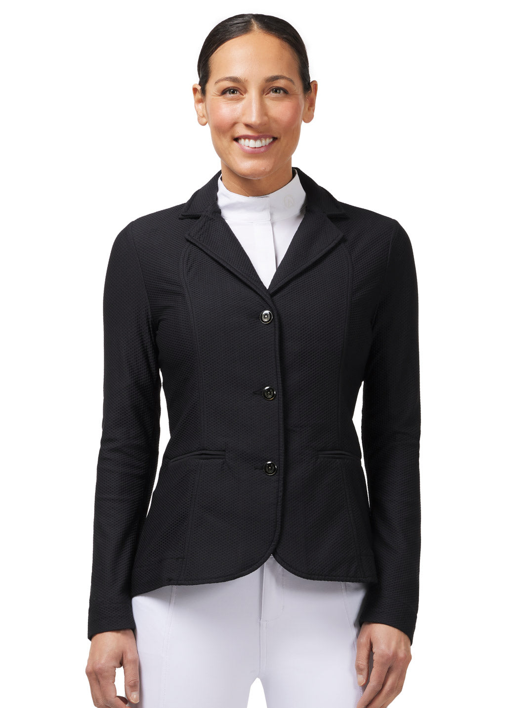 Front view of the Affinity® Aero Show Coat in black, featuring a crisp collar, three-button front closure, and faux front pockets.