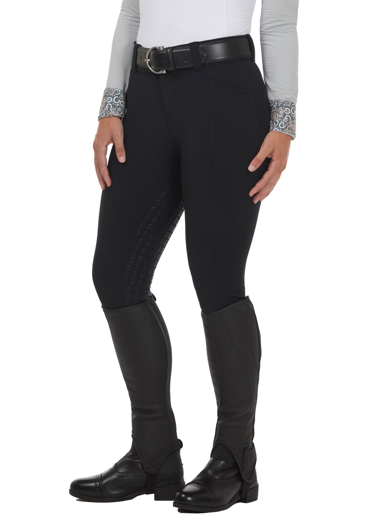 Front view of the Affinity® Pro Full Seat Breech in black, featuring a tailored front fly with two-snap closure and two front pockets.