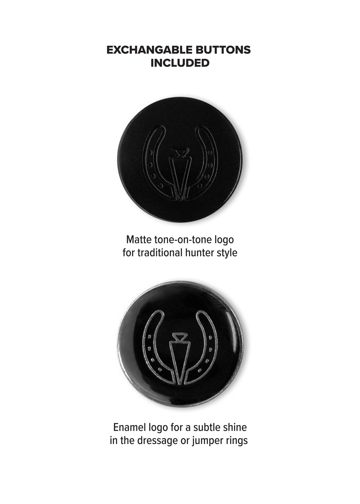 Close-up of the exchangeable buttons, displaying both enamel logo buttons and subtle tonal matte logo buttons for customizable styling
