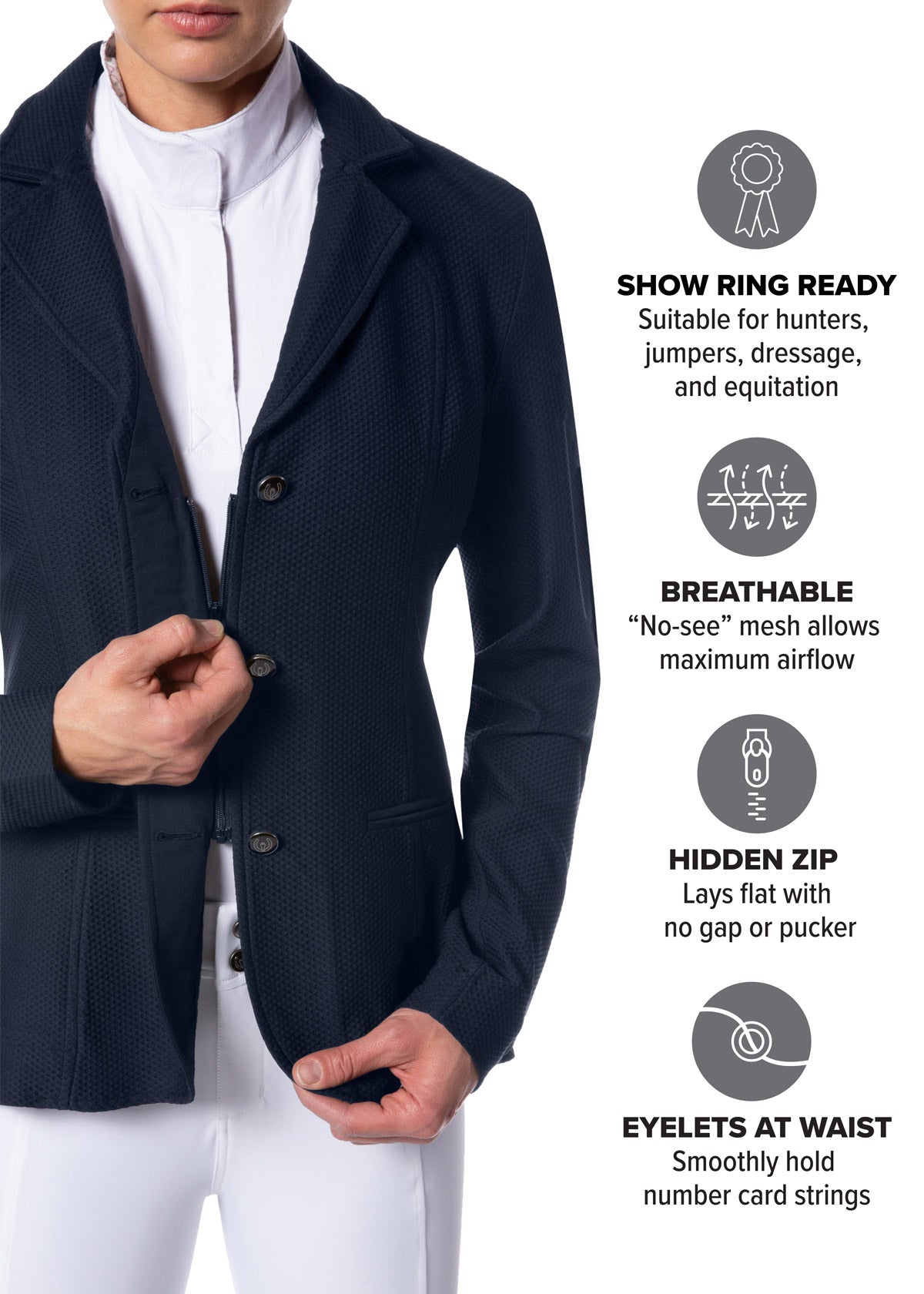 Detail shot of the hidden front zip under buttons which helps coat lay flat with no pucker.
