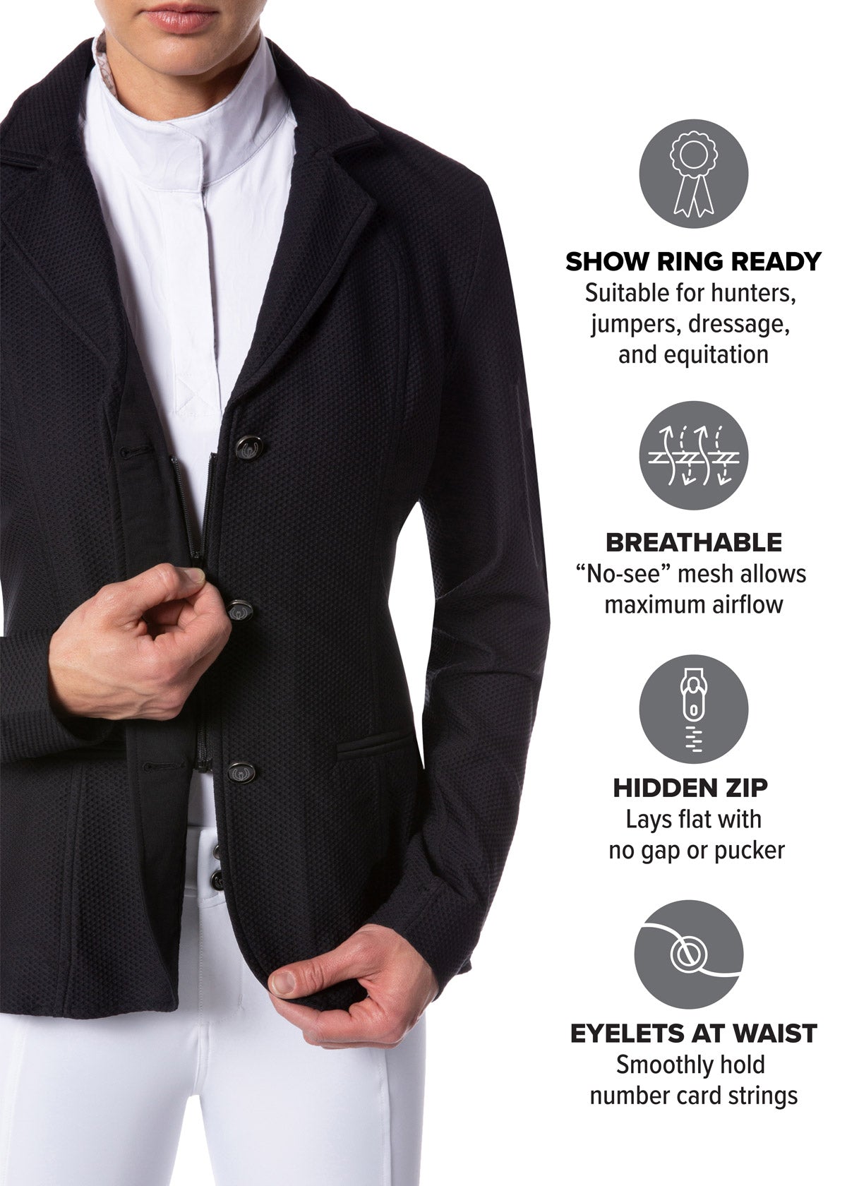 Detail shot of the hidden front zip under buttons which helps coat lay flat with no pucker.