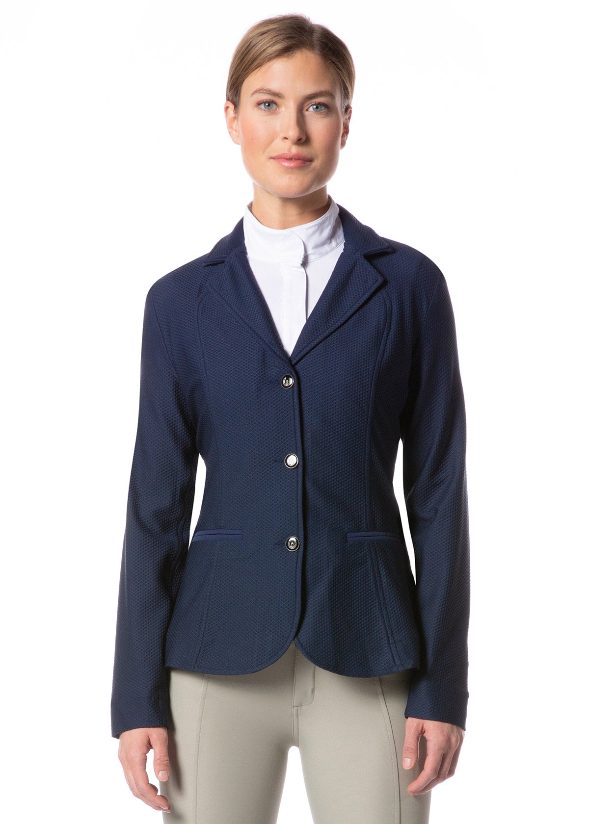 Front view of the Affinity® Aero Show Coat in navy, featuring a crisp collar, three-button front closure, and faux front pockets.