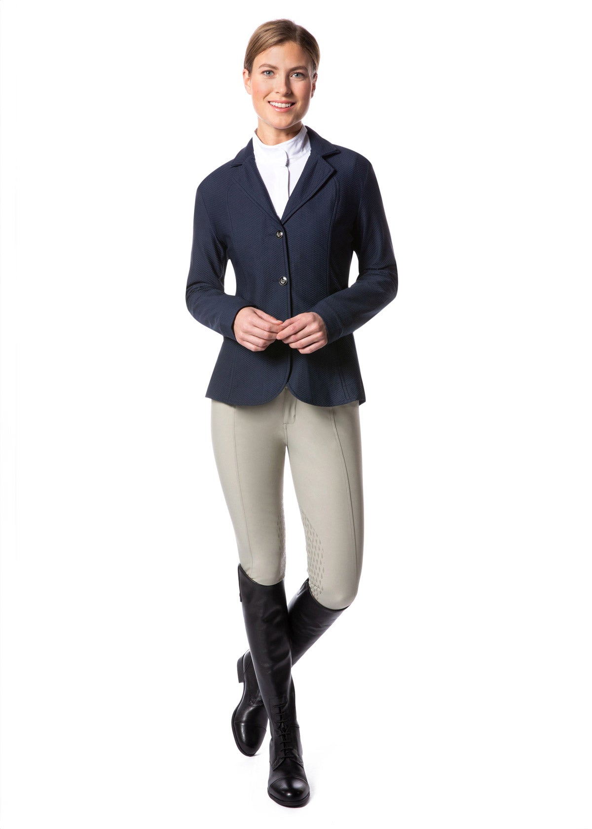 Model wearing the Affinity® Aero Show Coat in navy over a white show shirt and tan breeches, presenting a polished competition look.