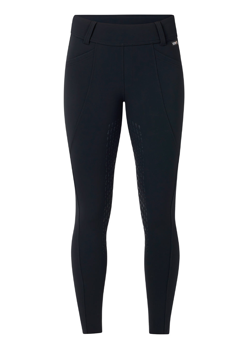 Flat lay of the Kerrits Fusion Fleece-Lined Full Leg Clinic Tight in Black, presenting the front profile with integrated pockets and wide waistband.