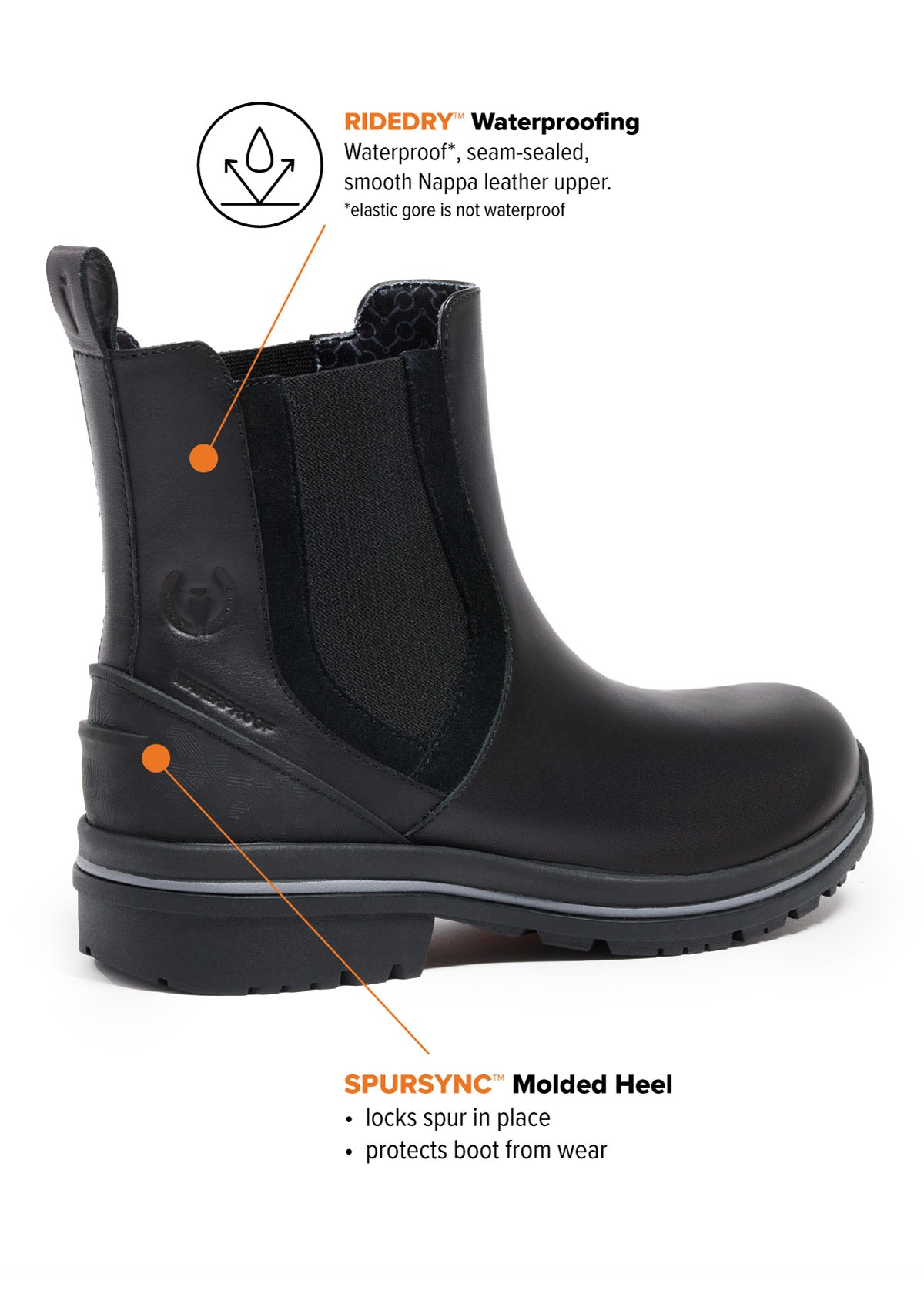 Side view of the Coachella Pull On Waterproof Barn Boot in Black, highlighting the RideDry Waterproofing and Spursync Molded Heel.