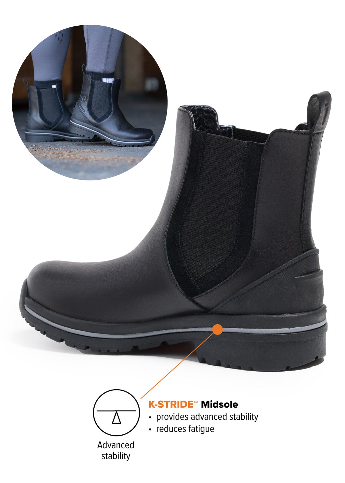 Side view of the Coachella Pull On Waterproof Barn Boot in Black, highlighting the flexible fit and rugged outsole.