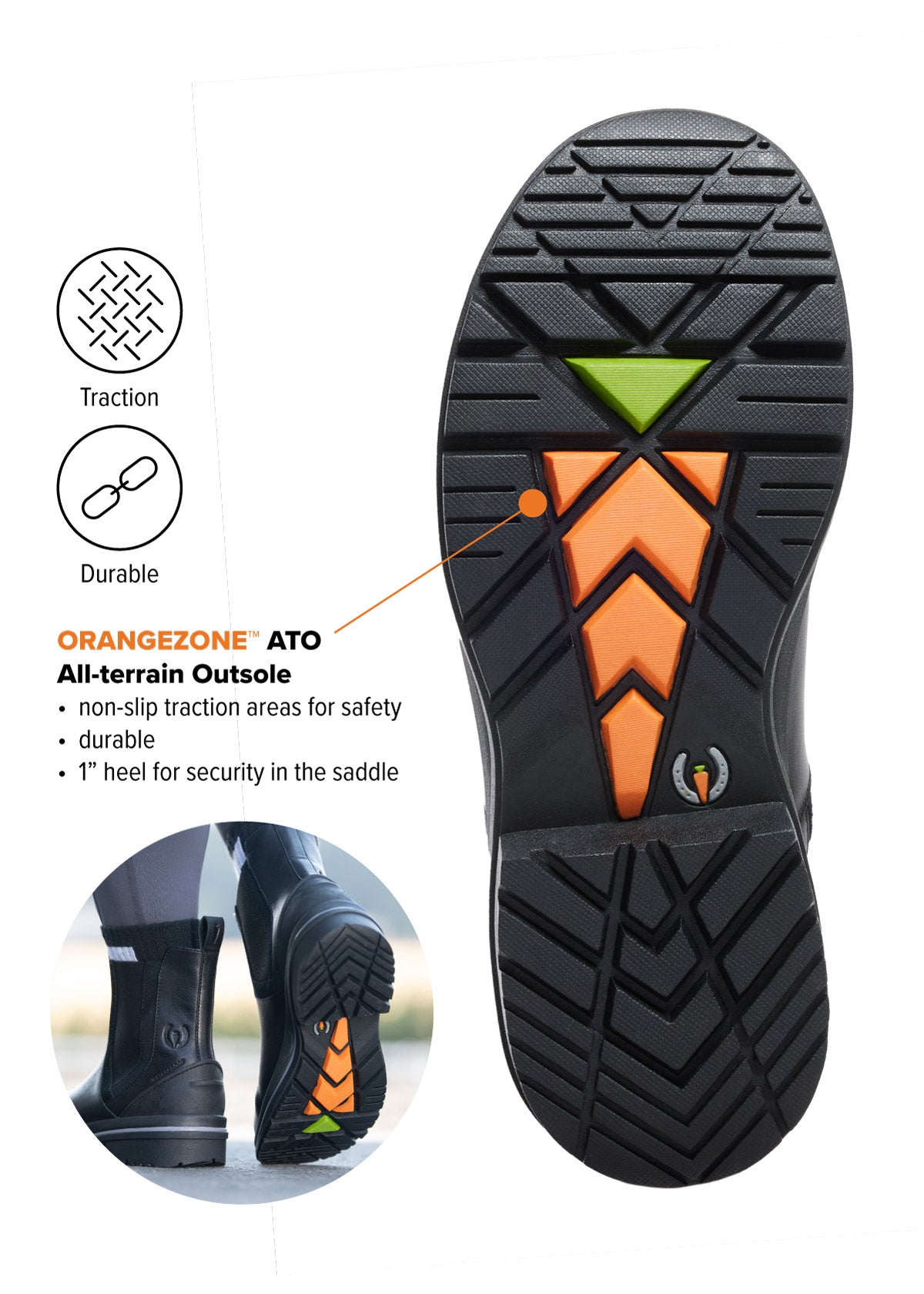 Close-up of the rugged OrangeZone™ ATO non-slip outsole on the Coachella Pull On Waterproof Barn Boot, designed for all-terrain traction.