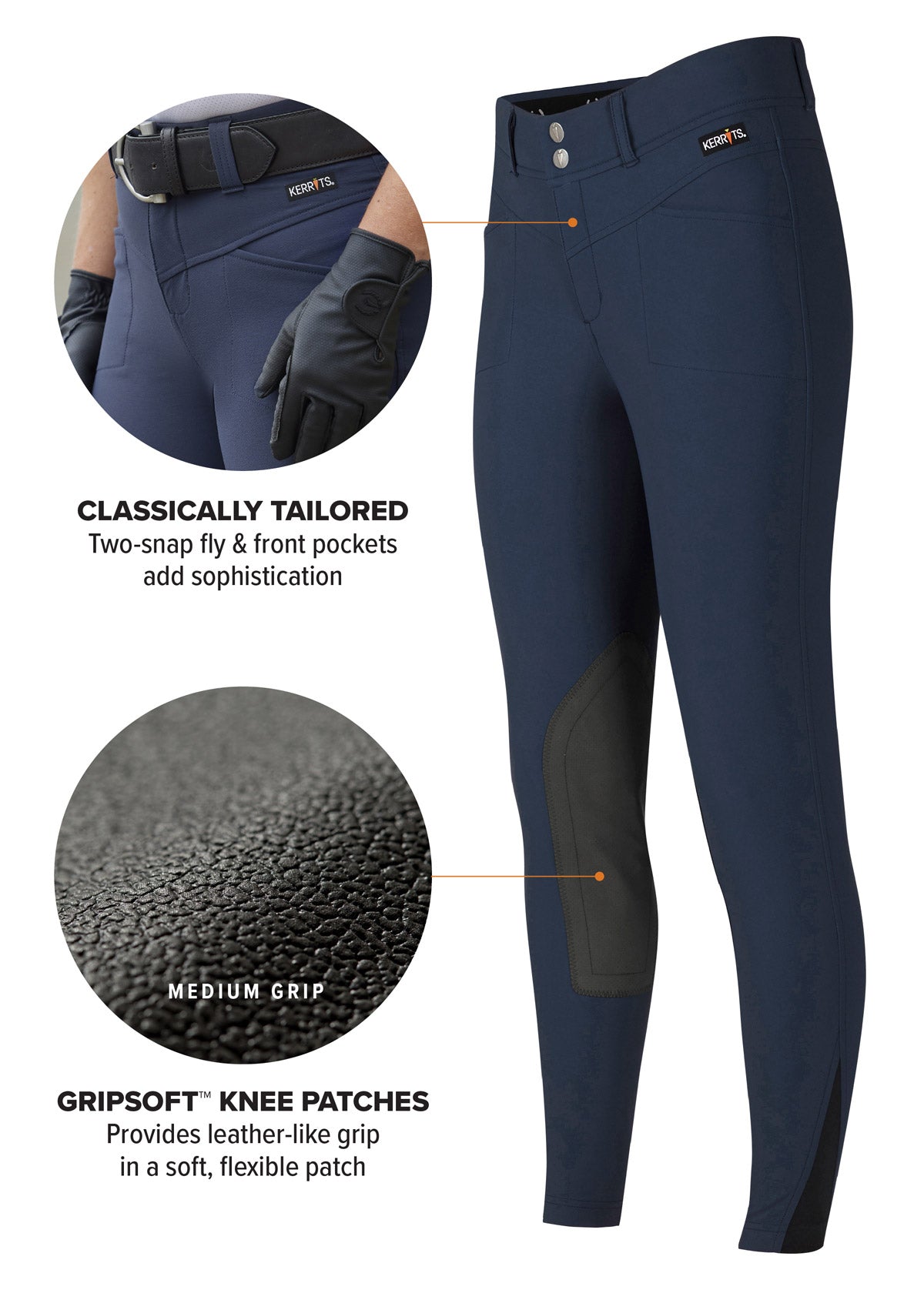 Side vide flat lay of the Crossover II® Knee Patch Riding Breech in Navy, showcasing the two-streamlined front pockets and two-snap fly.