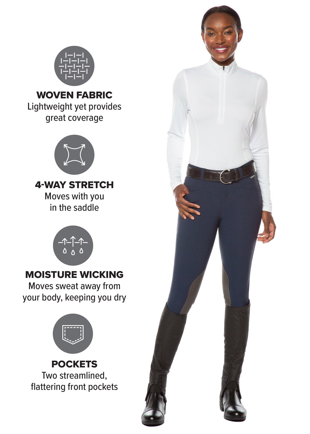 Rider pairing the breeches with a coordinating top and boots, showcasing a complete equestrian outfit
