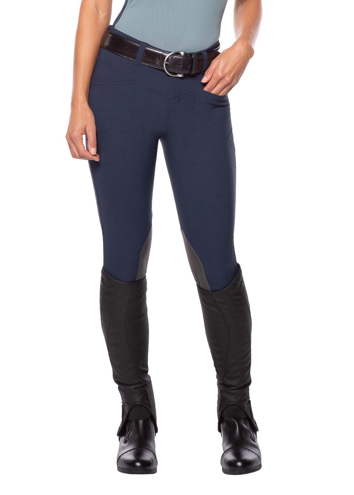 Front view of the Crossover II® Knee Patch Riding Breech in Sand, highlighting the tailored fit, two-snap front closure, and flattering front pockets.