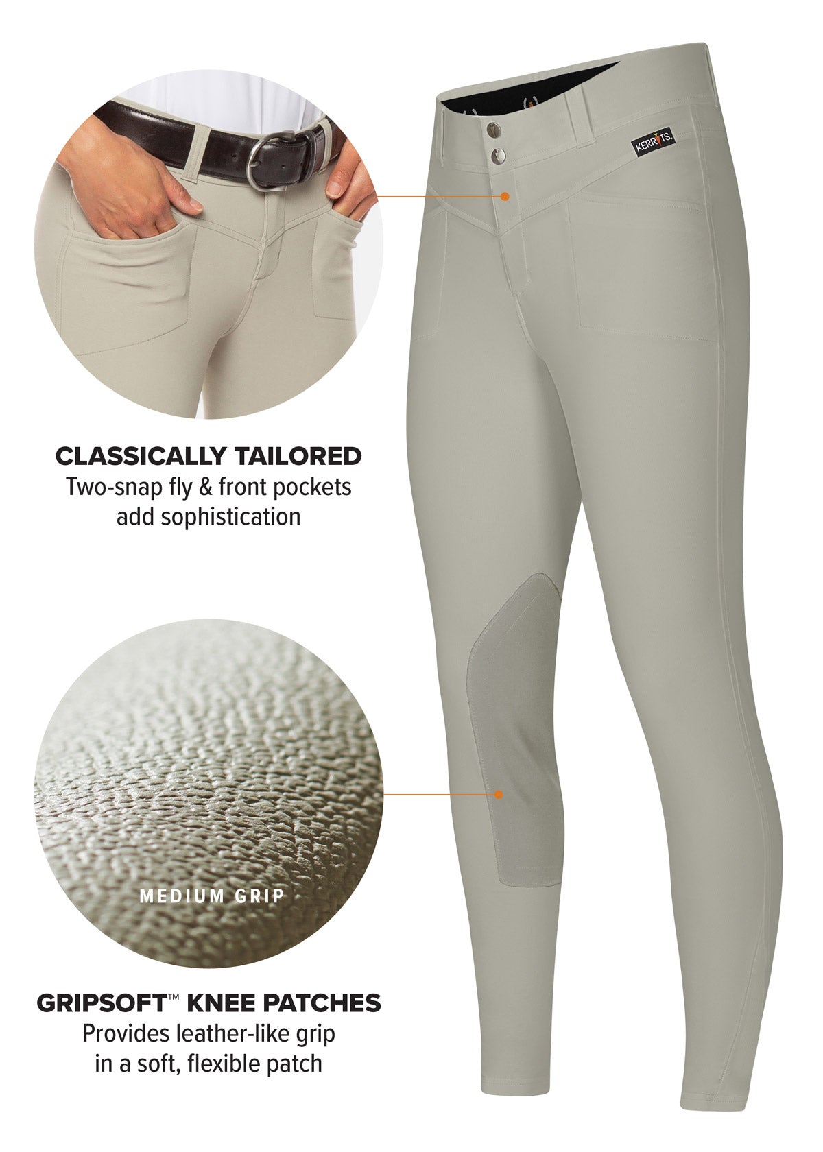 Side vide flat lay of the Crossover II® Knee Patch Riding Breech in Sand, showcasing the two-streamlined front pockets and two-snap fly.