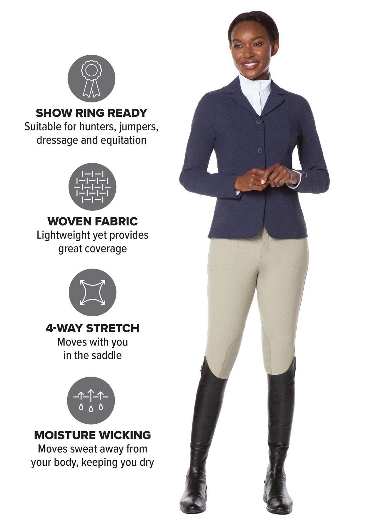 Equestrian wearing the Crossover II Knee Patch Breech in Sand with a navy show coat and white show shirt for a complete competition look.