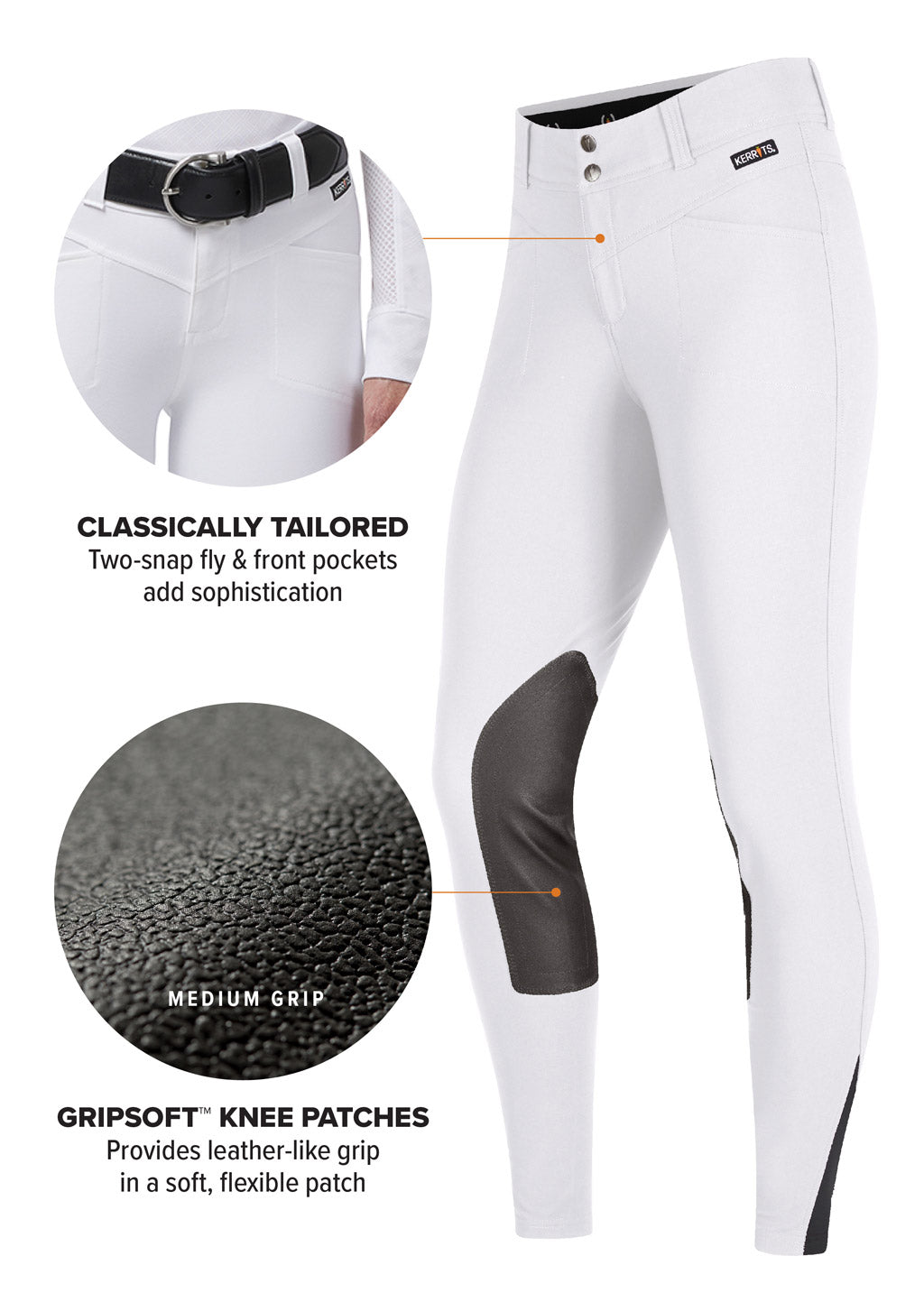 Side vide flat lay of the Crossover II® Knee Patch Riding Breech in White, showcasing the two-streamlined front pockets and two-snap fly.