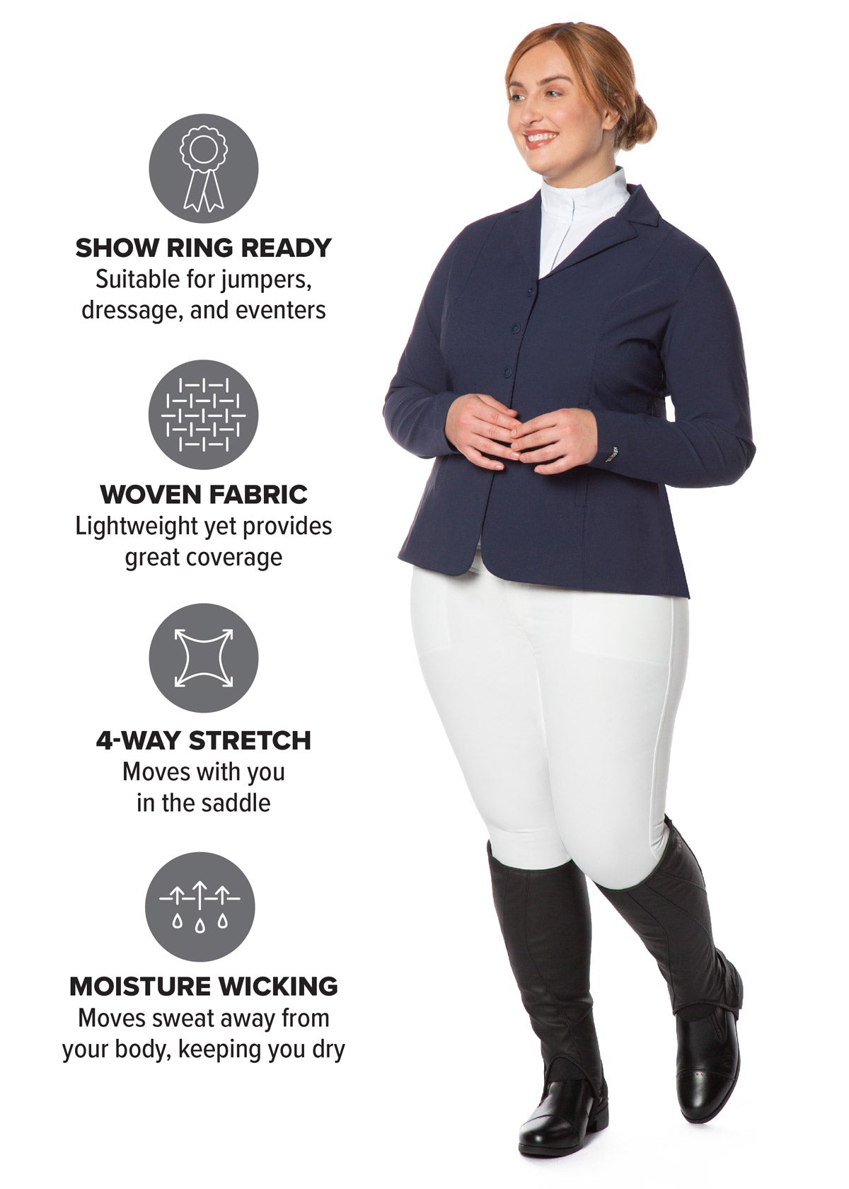 Equestrian wearing the Crossover II Knee Patch Breech in White with a navy show coat and white show shirt for a complete competition look.