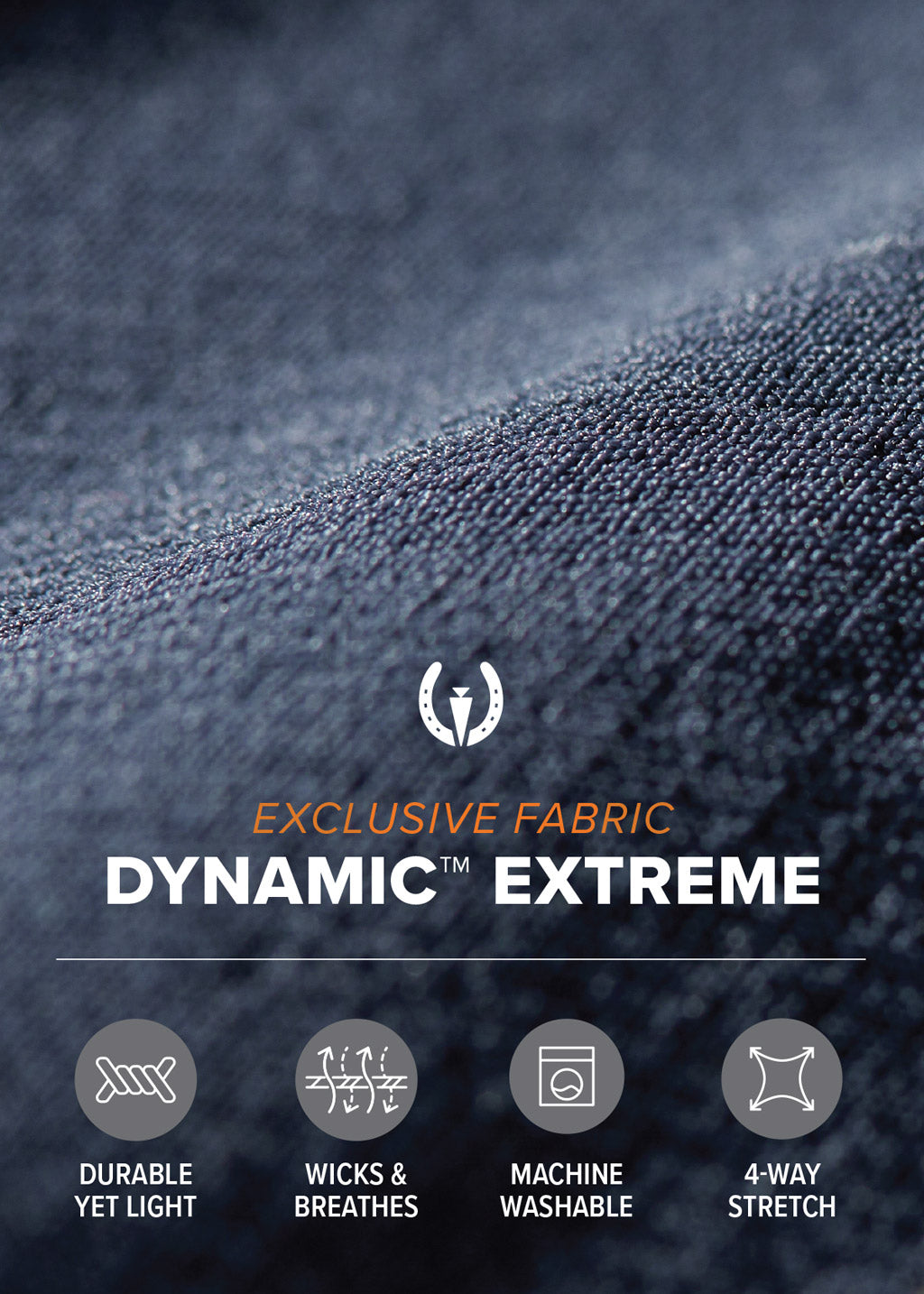 Close-up of the durable Dynamic™ Extreme fabric, emphasizing its water-resistant and four-way stretch properties for comfort during rides