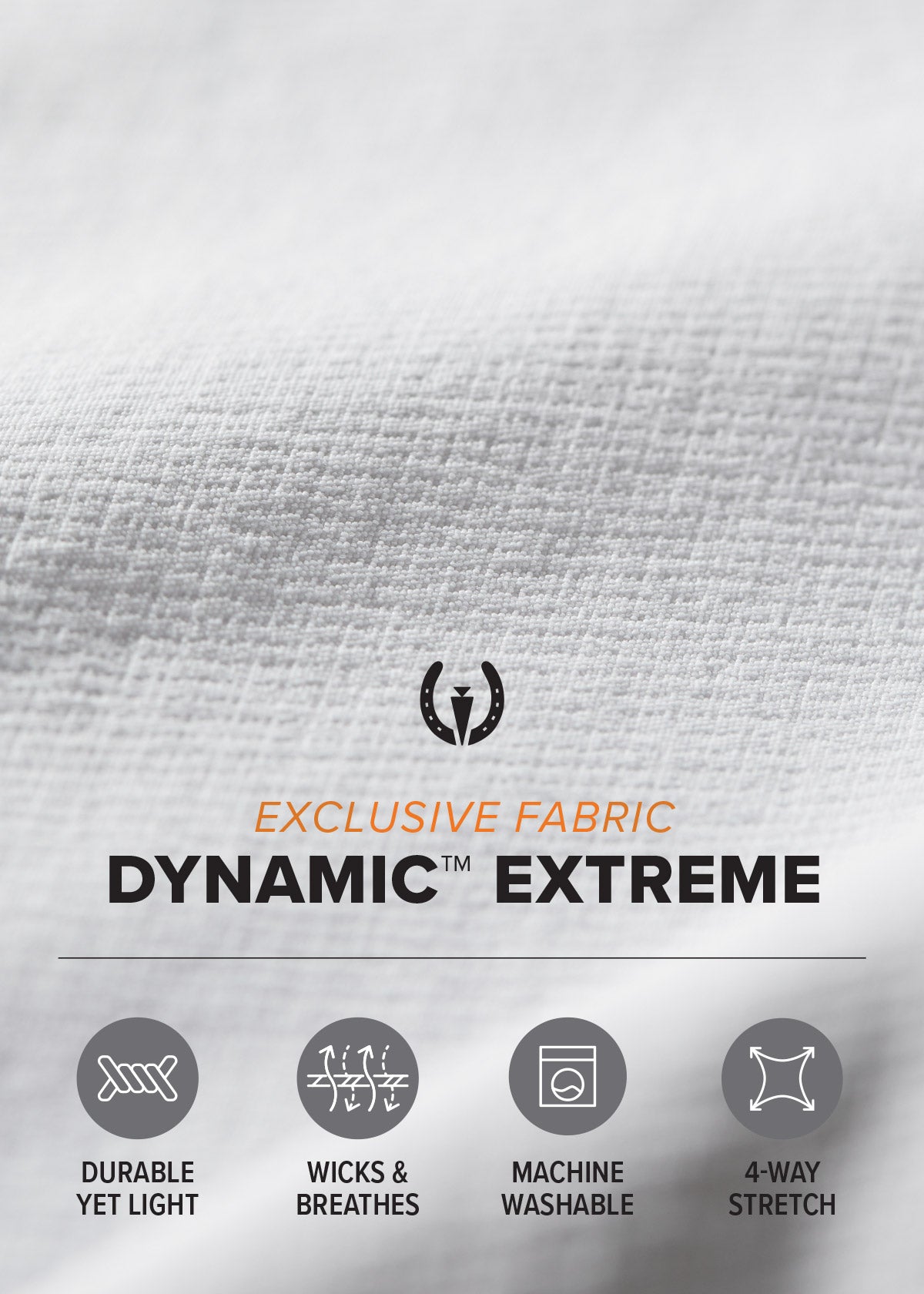 Close-up of the Dynamic Extreme fabric in white which is durable, wicks and breathes, water-resistant and machine washable.