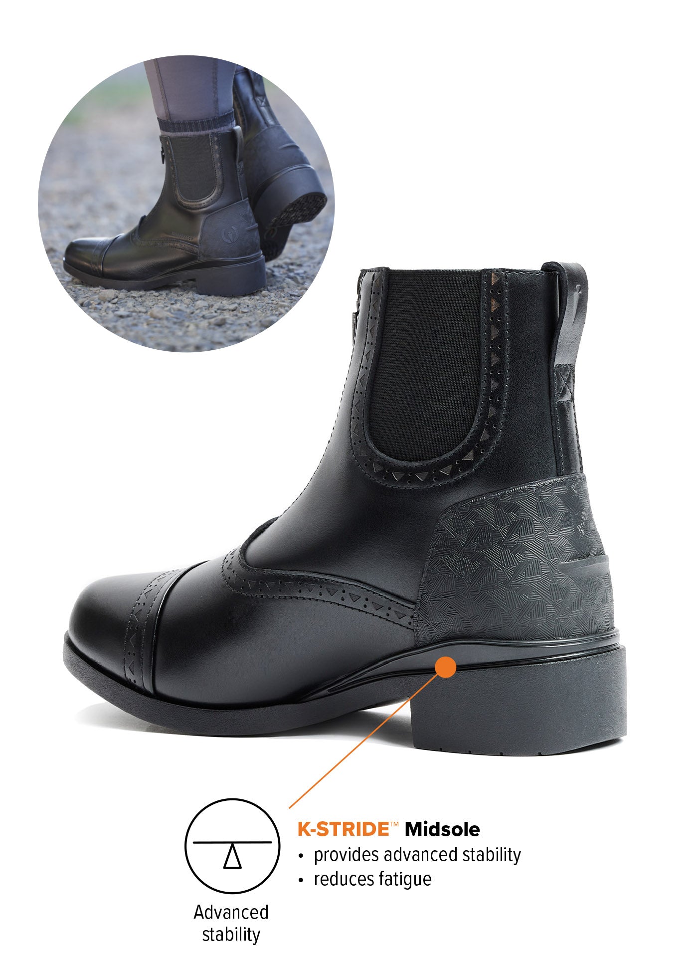 Side view detailing the K-Stride™ midsole engineered to provide advanced stability and reduce fatigue during rides.