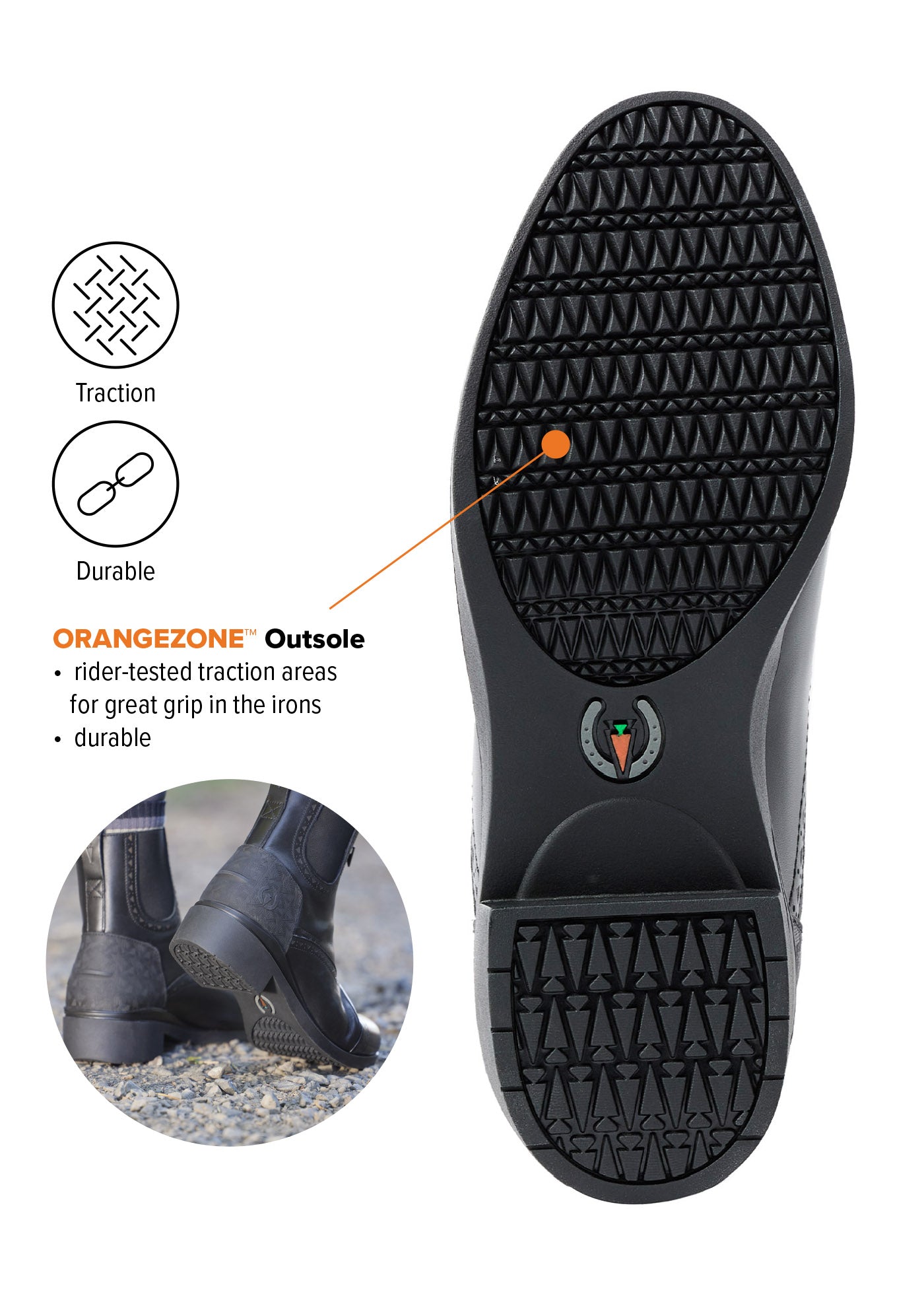 Bottom view of Kerrits Essence Waterproof Paddock Boot featuring the OrangeZone™ outsole with rider-tested traction areas for optimal grip in the irons
